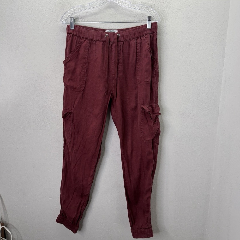 Nicole Miller 100% Linen Pants L Red Jogger Cargo Drawstring Casual Minimalist